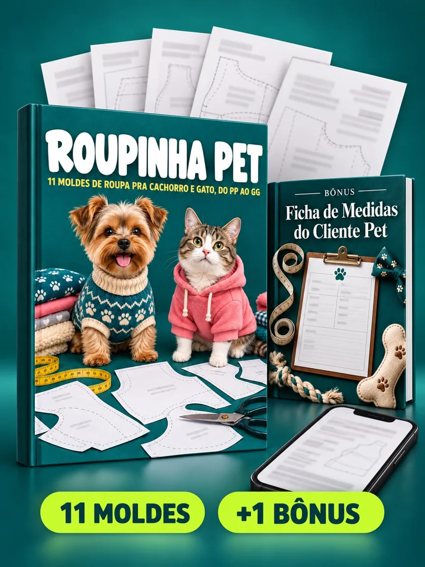 Montagem ilustrativa do Roupinha Pet: livro com a capa, páginas do material e celular e capas dos bônus