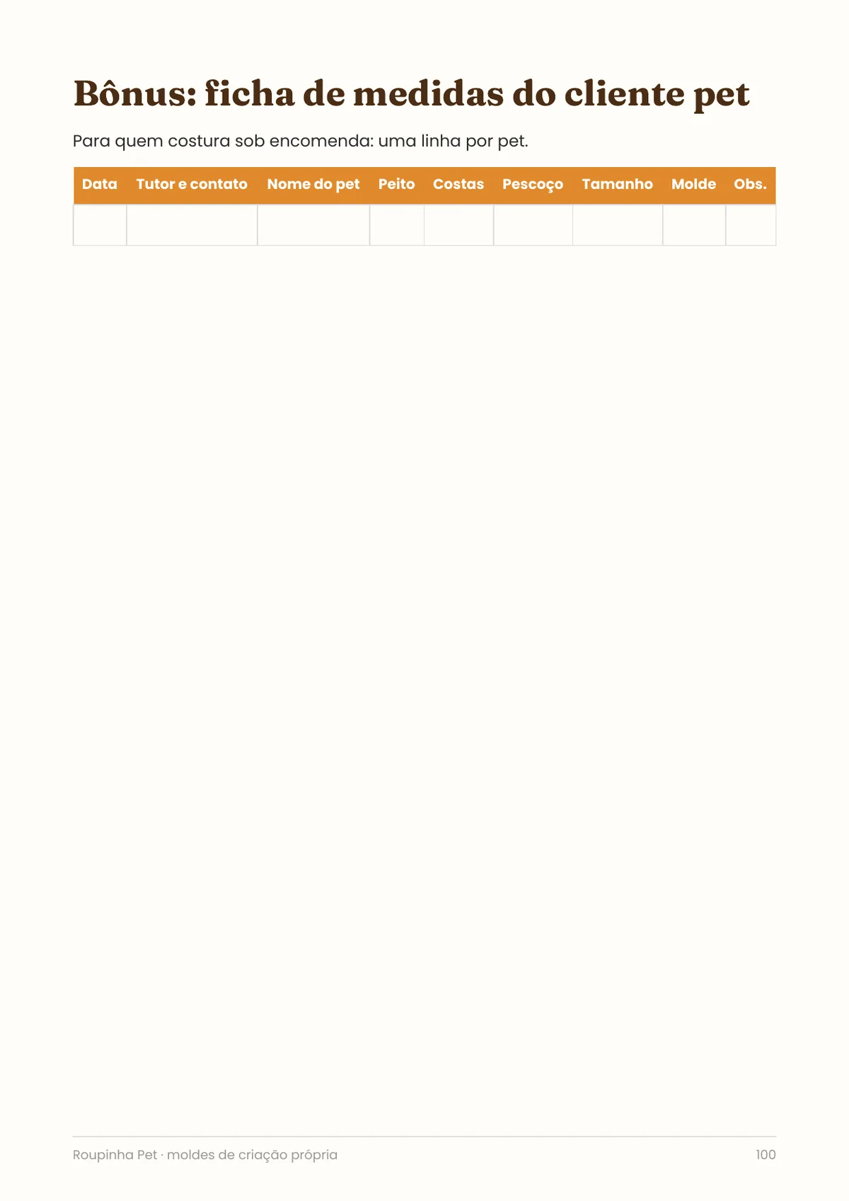 Página real do PDF Roupinha Pet: ficha de medidas do cliente pet